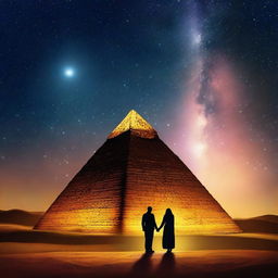 A romantic scene featuring two people in love near a majestic pyramid under a starry night sky