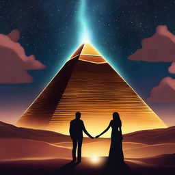 A romantic scene featuring two people in love near a majestic pyramid under a starry night sky