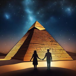 A romantic scene featuring two people in love near a majestic pyramid under a starry night sky