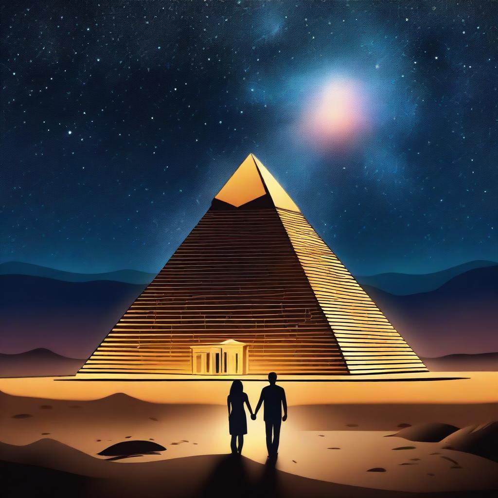 A romantic scene featuring two people in love near a majestic pyramid under a starry night sky