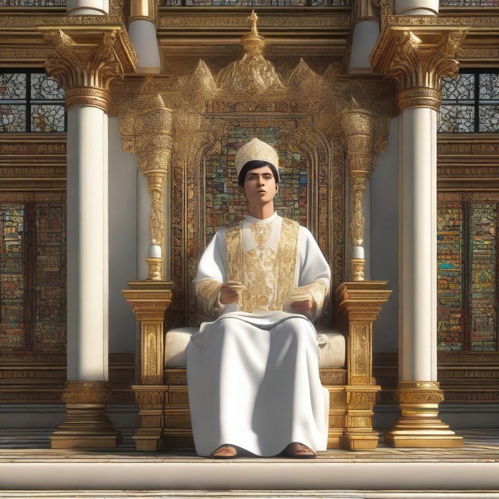 A young European man with short black hair, wearing a white spiritual dress and a white mitre headpiece, is sitting on a golden throne