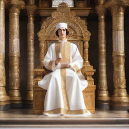 A young European man with short black hair, wearing a white spiritual dress and a white mitre headpiece, is sitting on a golden throne