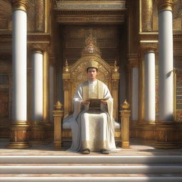 A young European man with short black hair, wearing a white spiritual dress and a white mitre headpiece, is sitting on a golden throne