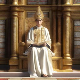 A young European man with short black hair, wearing a white spiritual dress and a white mitre headpiece, is sitting on a golden throne