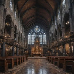 A majestic church overlaid with a dieselpunk aesthetic; flooded with gritty industrial elements, grimy colors, and a heart of vintage technology.