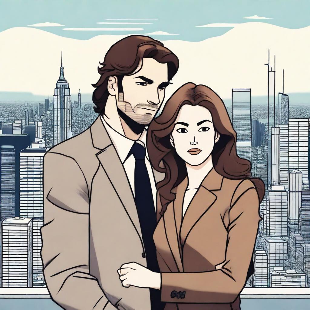 A woman with long wavy hair and a man with short brown hair, chiselled jaw, and stubble