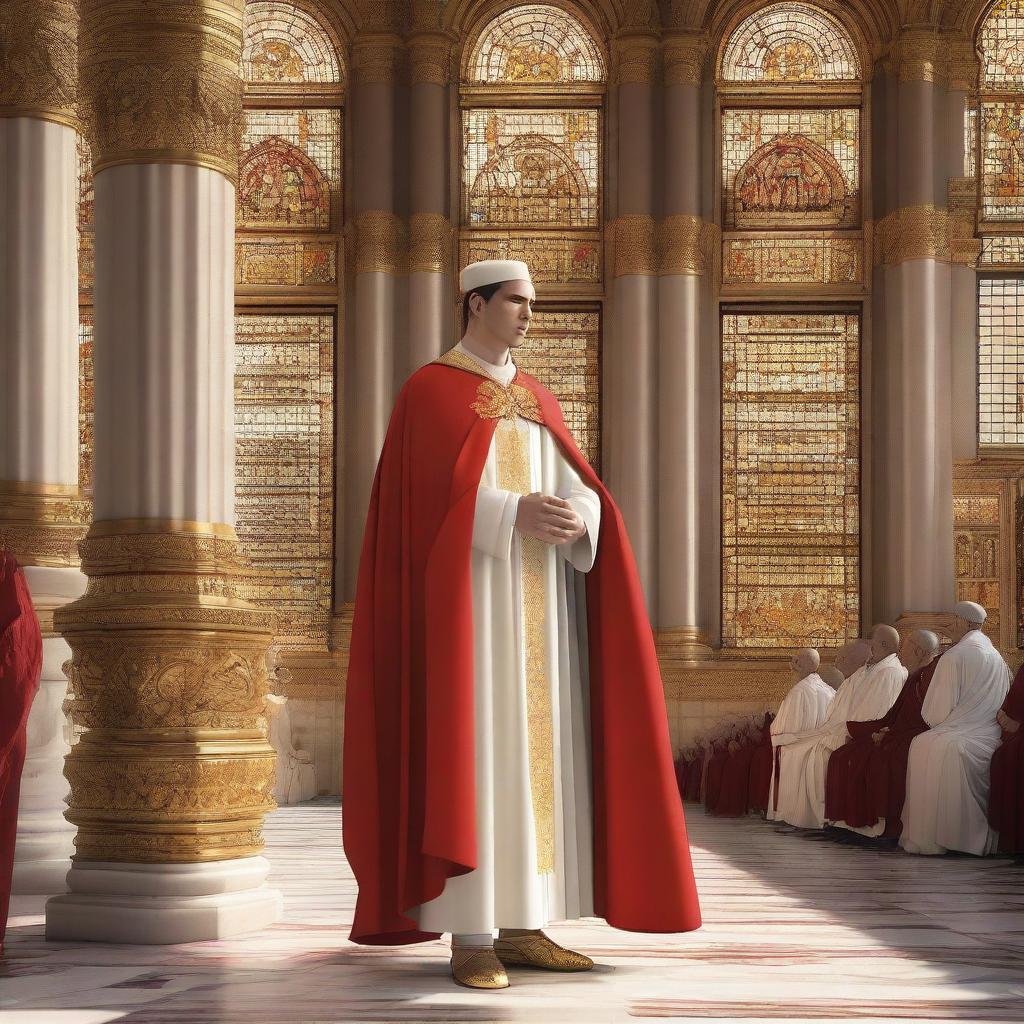 A young European man with short black hair is wearing a white spiritual dress and a red cloak