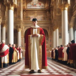 A young European man with short black hair is wearing a white spiritual dress and a red cloak