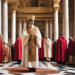 A young European man with short black hair is wearing a white spiritual dress and a red cloak