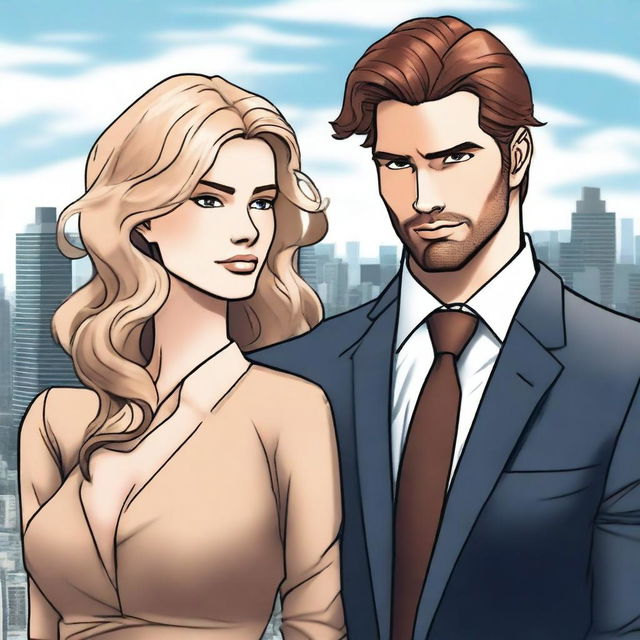 A woman with long blonde wavy hair and a man with short brown hair, chiselled jaw, and stubble