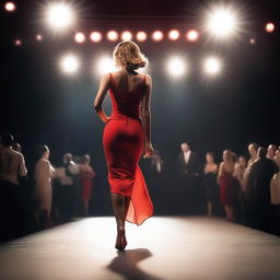 A woman wearing a sexy red dress is confidently walking onto a stage