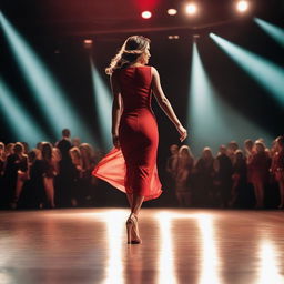 A woman wearing a sexy red dress is confidently walking onto a stage