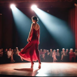 A woman wearing a sexy red dress is confidently walking onto a stage