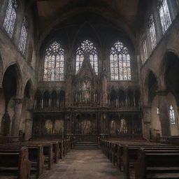 A gothic church reimagined in a gaspunk style, filled with elements of gas masks, tarnished metals, and atmospheric, smoggy hues.