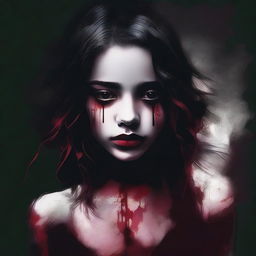 Create an image with a dark, moody gradient background transitioning from deep crimson at the top to black at the bottom, symbolizing blood and darkness