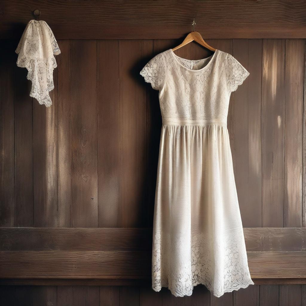 An old lace dress hanging in a rustic setting