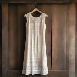 An old lace dress hanging in a rustic setting