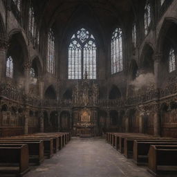 A gothic church reimagined in a gaspunk style, filled with elements of gas masks, tarnished metals, and atmospheric, smoggy hues.