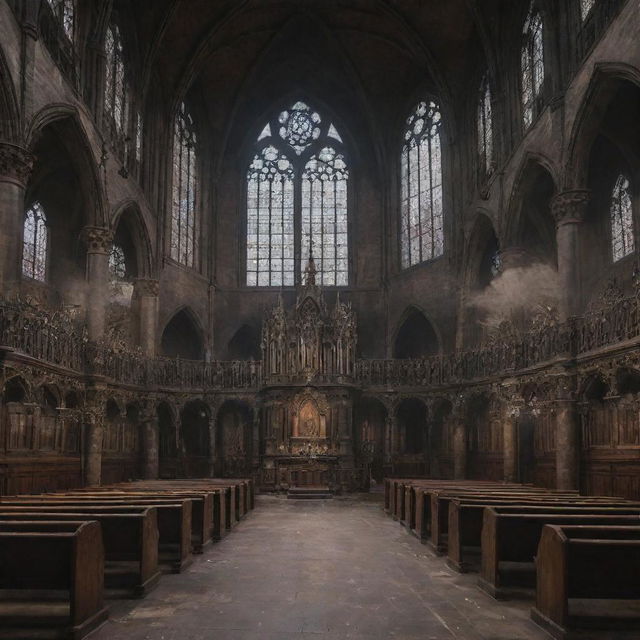 A gothic church reimagined in a gaspunk style, filled with elements of gas masks, tarnished metals, and atmospheric, smoggy hues.