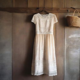 An old lace dress hanging in a rustic setting