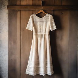 An old lace dress hanging in a rustic setting