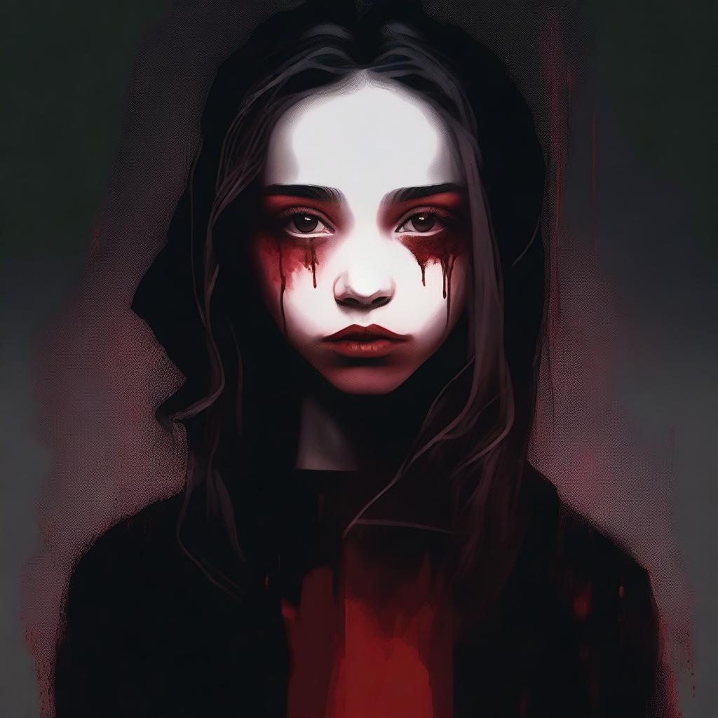 Create an image with a dark, moody gradient background transitioning from deep crimson at the top to black at the bottom, symbolizing blood and darkness