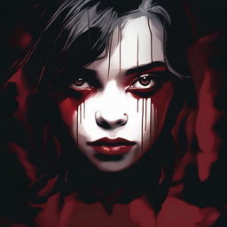 Create an image with a dark, moody gradient background transitioning from deep crimson at the top to black at the bottom, symbolizing blood and darkness