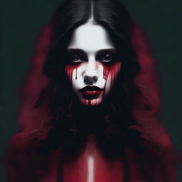 Create an image with a dark, moody gradient background transitioning from deep crimson at the top to black at the bottom, symbolizing blood and darkness