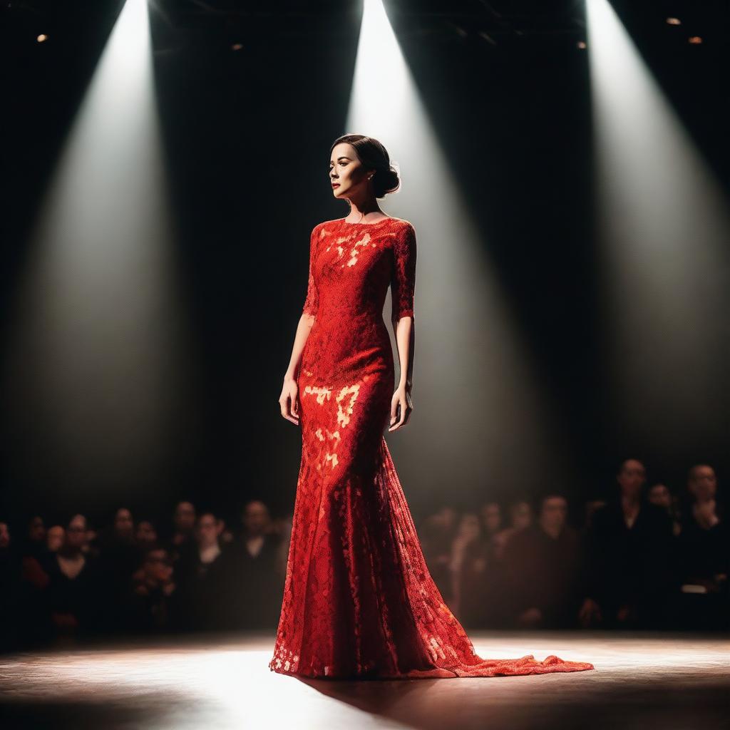 A woman on stage wearing a red lace dress, standing confidently under the spotlight