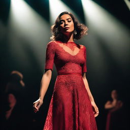 A woman on stage wearing a red lace dress, standing confidently under the spotlight