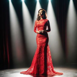 A woman on stage wearing a red lace dress, standing confidently under the spotlight