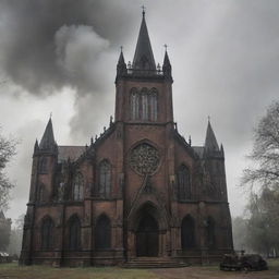 A gothic church reimagined in a gaspunk style, filled with elements of gas masks, tarnished metals, and atmospheric, smoggy hues.