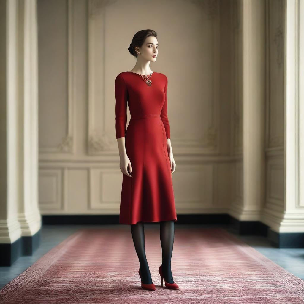 A woman wearing a red dress and tights, standing confidently