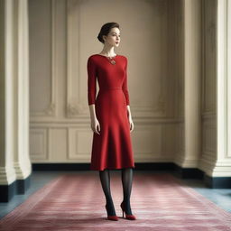 A woman wearing a red dress and tights, standing confidently