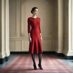 A woman wearing a red dress and tights, standing confidently