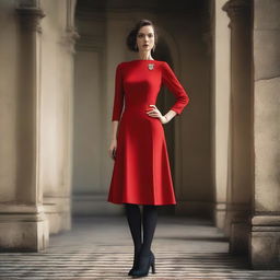 A woman wearing a red dress and tights, standing confidently