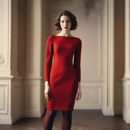 A woman wearing a red dress and tights, standing confidently