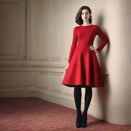 A woman wearing a red dress and tights, standing confidently