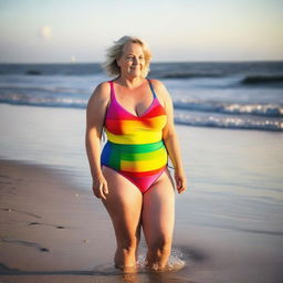 A mature German woman, around 50 years old with a BBW figure, featuring big hips and big breasts, is wearing a stylish rainbow-colored swimsuit