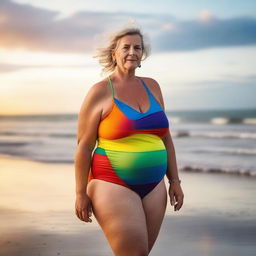 A mature German woman, around 50 years old with a BBW figure, featuring big hips and big breasts, is wearing a stylish rainbow-colored swimsuit