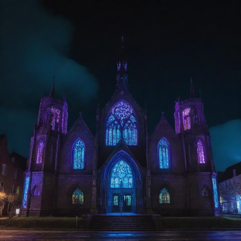 A striking church morphed by electropunk influence, glowing with neon lights, digital interfaces, and cybernetic components within its Gothic structure.