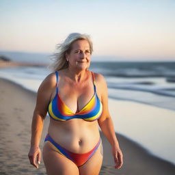 A mature German woman, around 50 years old with a BBW figure, featuring big hips and big breasts, is wearing a stylish rainbow-colored swimsuit