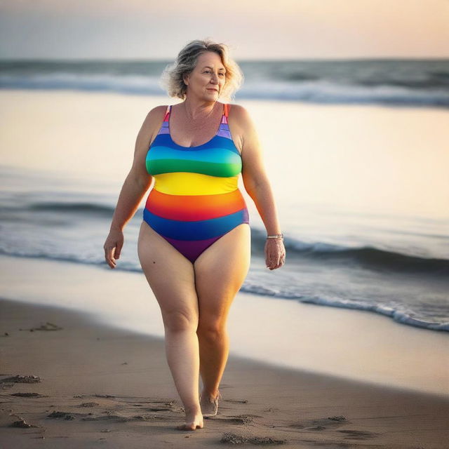 A mature German woman, around 50 years old with a BBW figure, featuring big hips and big breasts, is wearing a stylish rainbow-colored swimsuit