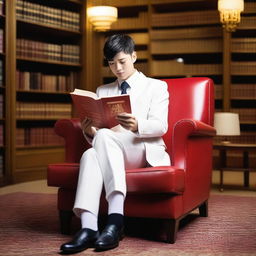 A young European man with short black hair, dressed in a white Korean suit, is sitting on an armchair