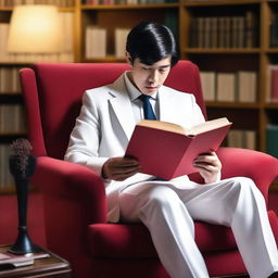 A young European man with short black hair, dressed in a white Korean suit, is sitting on an armchair