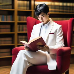 A young European man with short black hair, dressed in a white Korean suit, is sitting on an armchair