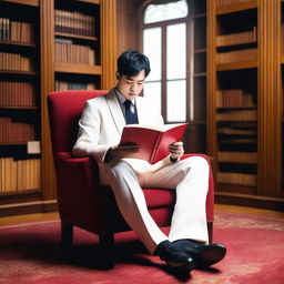 A young European man with short black hair, dressed in a white Korean suit, is sitting on an armchair