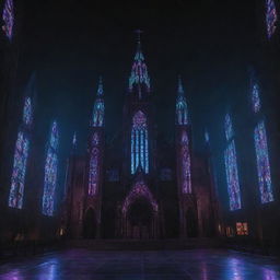 A striking church morphed by electropunk influence, glowing with neon lights, digital interfaces, and cybernetic components within its Gothic structure.