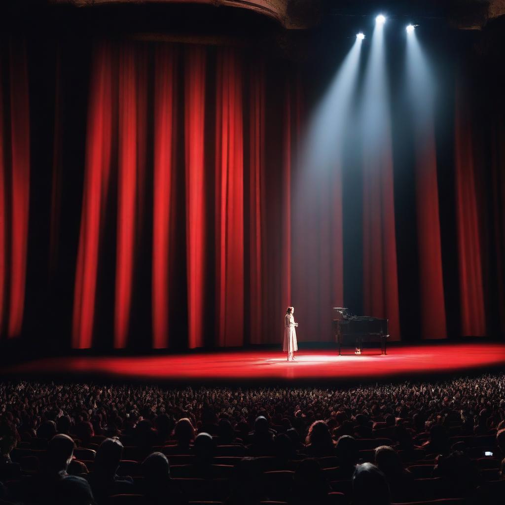 A atriz está no palco de espartinho, vestindo um figurino elegante e performando para uma plateia atenta