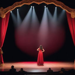 A atriz está no palco de espartinho, vestindo um figurino elegante e performando para uma plateia atenta